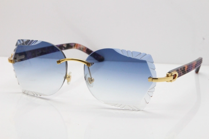 Cartier Rimless T8200762 Marble Purple Aztec Arms Sunglasses In Gold Blue Lens