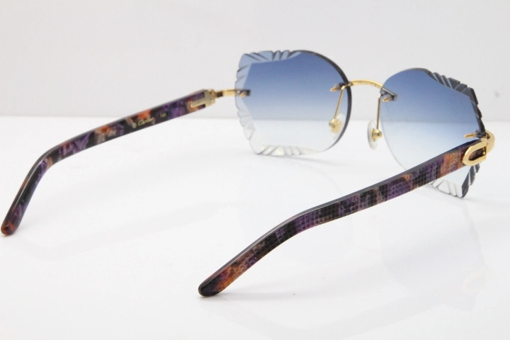 Cartier Rimless T8200762 Marble Purple Aztec Arms Sunglasses In Gold Blue Lens