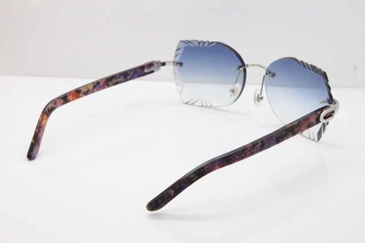 Cartier Rimless T8200762 Marble Purple Aztec Arms Sunglasses In Gold Blue Lens