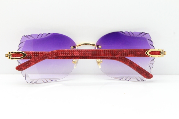 Cartier Rimless T8200762 Marble Red Aztec Arms Sunglasses In Gold Purple Lens