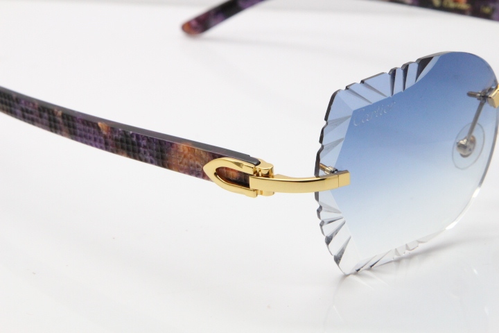 Cartier Rimless T8200762 Marble Purple Aztec Arms Sunglasses In Gold Blue Lens