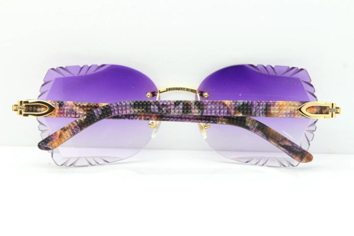 Cartier Rimless T8200762 Marble Purple Aztec Arms Sunglasses In Gold Purple Lens