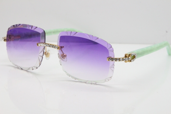 Cartier Rimless 8200762 Big Diamond Marble Green Aztec Arms Sunglasses In Gold Purple Lens 