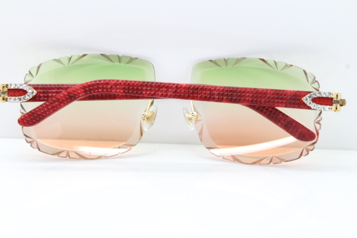 Cartier Rimless 8200762 Big Diamond Marble Red Aztec Arms Sunglasses In Gold Green Brown Lens