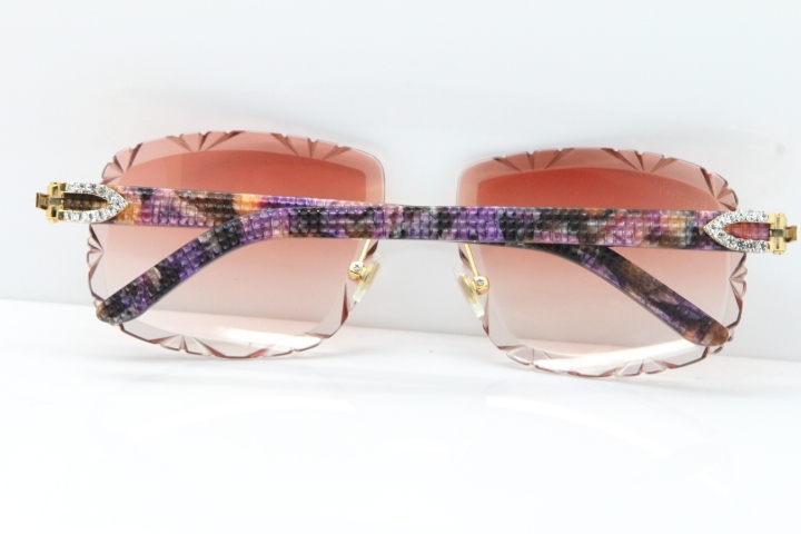 Cartier Rimless 8200762 Big Diamond Marble Purple Aztec Arms Sunglasses In Gold Pink Lens