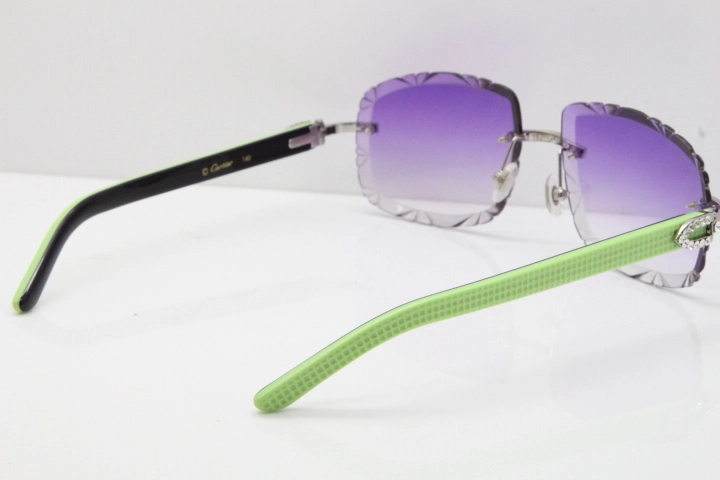 Cartier Rimless 8200762 Big Diamond  Black Green Aztec Arms Sunglasses In Gold Purpel Lens 