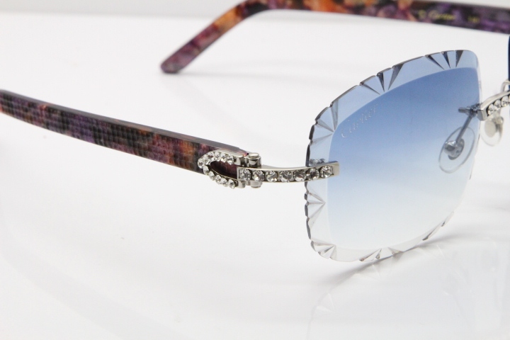 Cartier Rimless 8200762 Big Diamond Marble Purple Aztec Arms Sunglasses In Gold Blue Lens