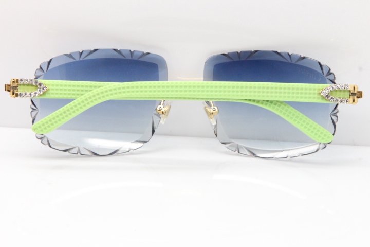 Cartier Rimless 8200762 Big Diamond Black Green Aztec Arms Sunglasses In Gold Blue Lens