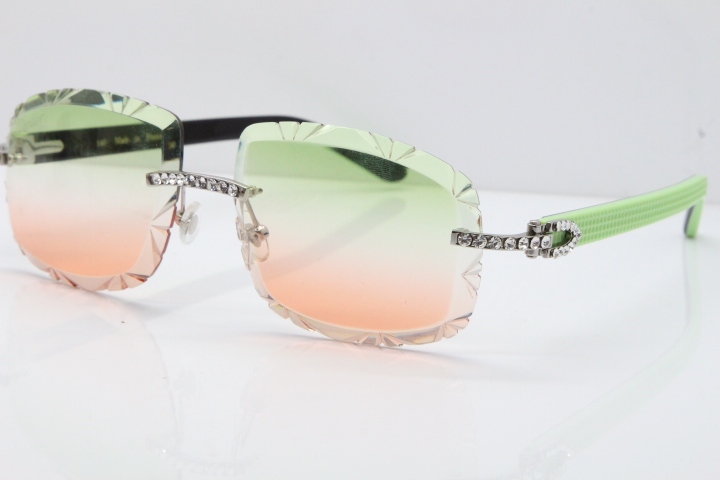 Cartier Rimless 8200762 Big Diamond  Black Green Aztec Arms Sunglasses In Gold Green Brown Lens