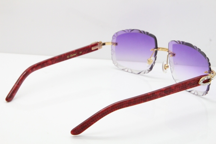 Cartier Rimless 8200762 Big Diamond Marble Red Aztec Arms Sunglasses In Gold Purple Lens