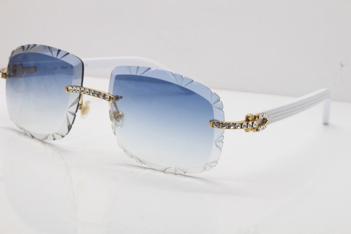 Cartier Rimless 8200762 Big Diamond White Aztec Arms Sunglasses In Gold Blue Lens 