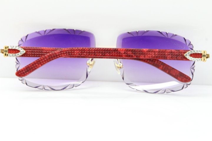 Cartier Rimless 8200762 Big Diamond Marble Red Aztec Arms Sunglasses In Gold Purple Lens