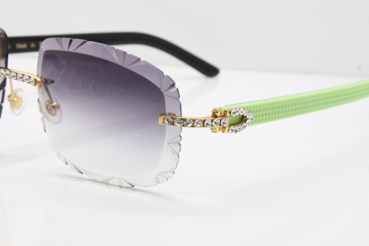 Cartier Rimless 8200762 Big Diamond Black Green Aztec Arms Sunglasses In Gold Gray Lens