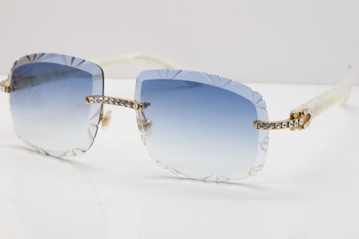 Cartier Rimless 8200762 Big Diamond Marble White Aztec Arms Sunglasses In Gold Blue Lens