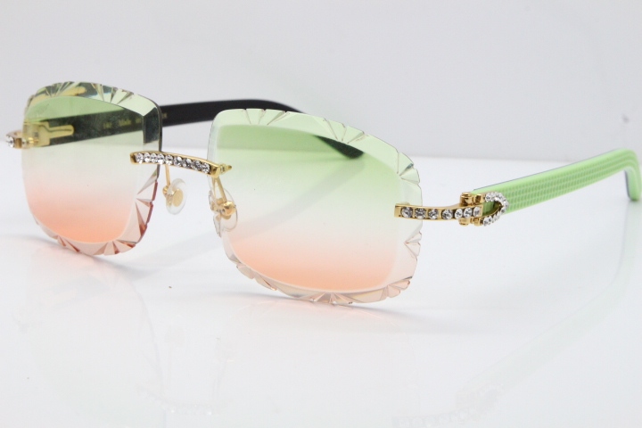 Cartier Rimless 8200762 Big Diamond  Black Green Aztec Arms Sunglasses In Gold Green Brown Lens