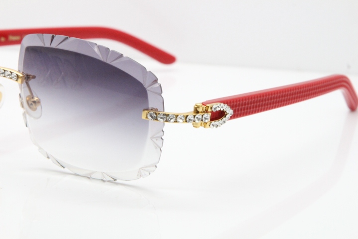 Cartier Rimless 8200762 Big Diamond Red Aztec Arms Sunglasses In Gold Gray Lens