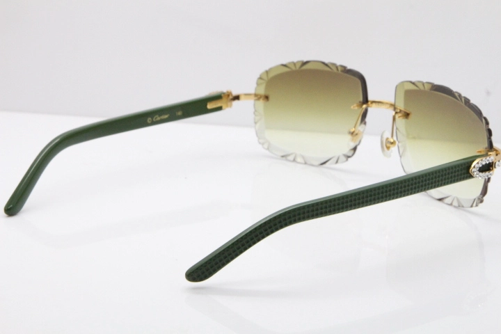 Cartier Rimless 8200762 Big Diamond Green Aztec Arms Sunglasses In Gold Brown Lens 