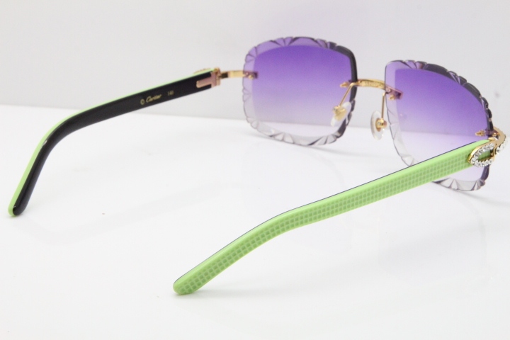 Cartier Rimless 8200762 Big Diamond  Black Green Aztec Arms Sunglasses In Gold Purpel Lens 