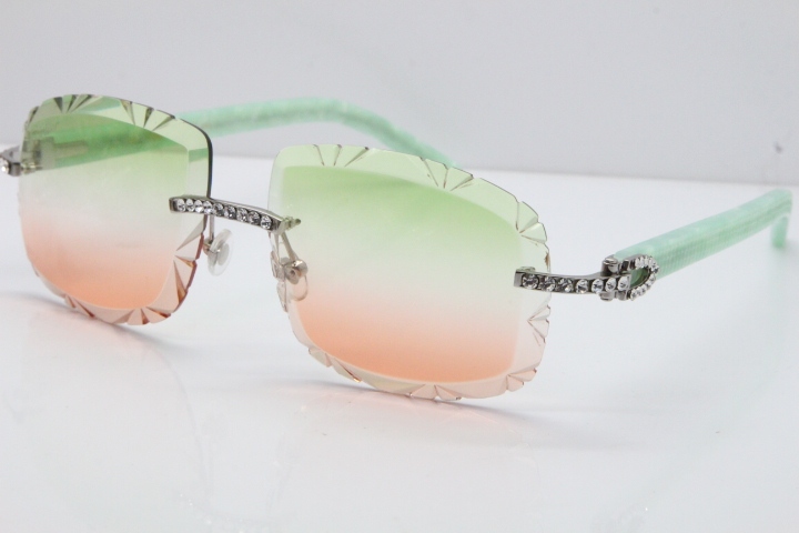 Cartier Rimless 8200762 Big Diamond Marble Green Aztec Arms Sunglasses In Gold Green Brown Lens 