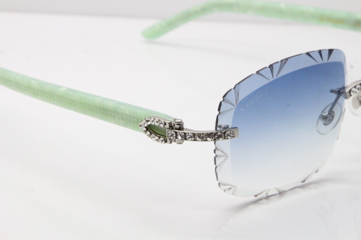 Cartier Rimless 8200762 Big Diamond Marble Green Aztec Arms Sunglasses In Gold Blue Lens 