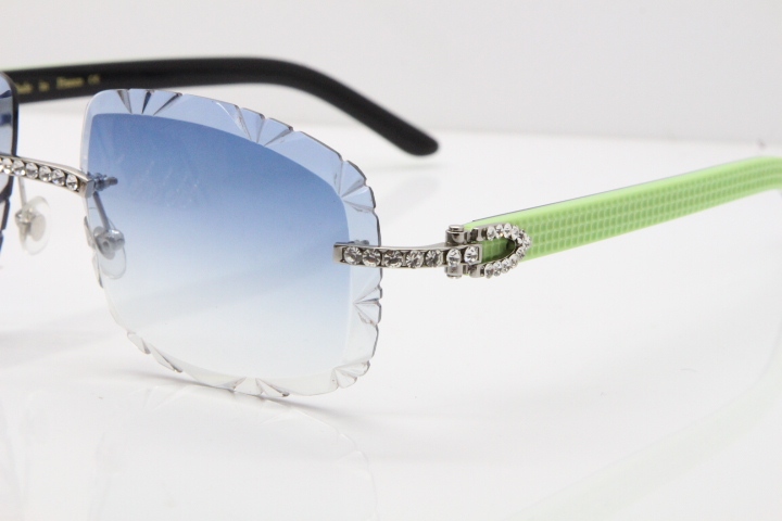 Cartier Rimless 8200762 Big Diamond Black Green Aztec Arms Sunglasses In Gold Blue Lens