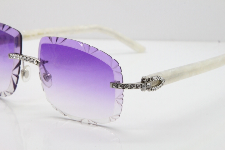 Cartier Rimless 8200762 Big Diamond Marble White Aztec Arms Sunglasses In Gold Purple Lens