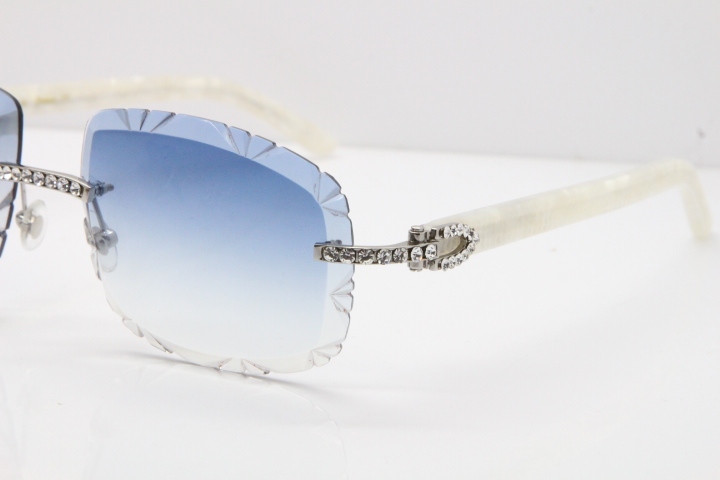 Cartier Rimless 8200762 Big Diamond Marble White Aztec Arms Sunglasses In Gold Blue Lens