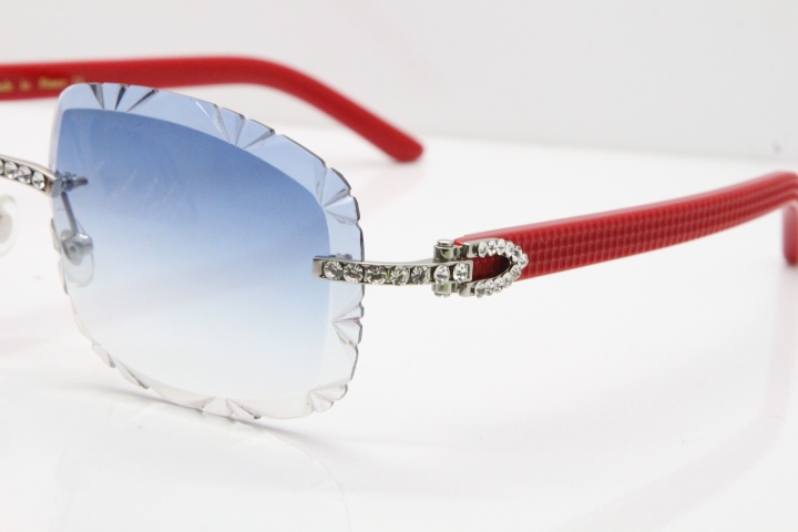 Cartier Rimless 8200762 Big Diamond Red Aztec Arms Sunglasses In Gold Blue Lens