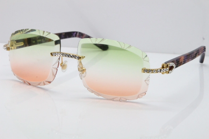 Cartier Rimless 8200762 Big Diamond Marble Purple Aztec Arms Sunglasses In Gold Green Brown Lens 