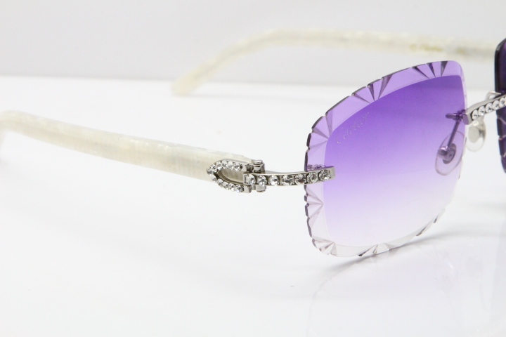 Cartier Rimless 8200762 Big Diamond Marble White Aztec Arms Sunglasses In Gold Purple Lens