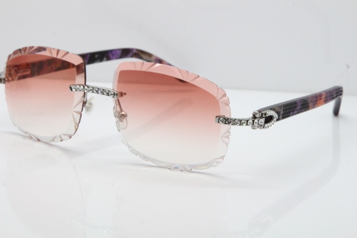 Cartier Rimless 8200762 Big Diamond Marble Purple Aztec Arms Sunglasses In Gold Pink Lens