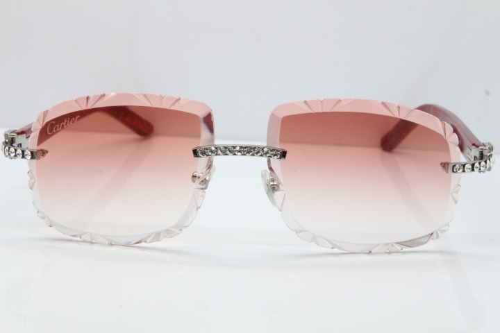 Cartier Rimless 8200762 Big Diamond Marble Red Aztec Arms Sunglasses In Gold Pink Lens