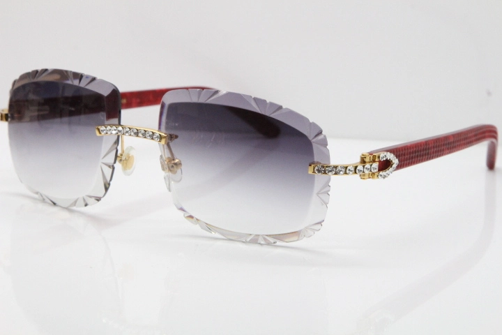 Cartier Rimless 8200762 Big Diamond Marble Red Aztec Arms Sunglasses In Gold Gray Lens