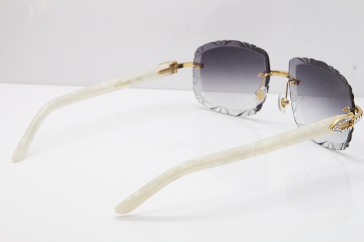 Cartier Rimless 8200762 Big Diamond Marble White Aztec Arms Sunglasses In Gold Gray Lens