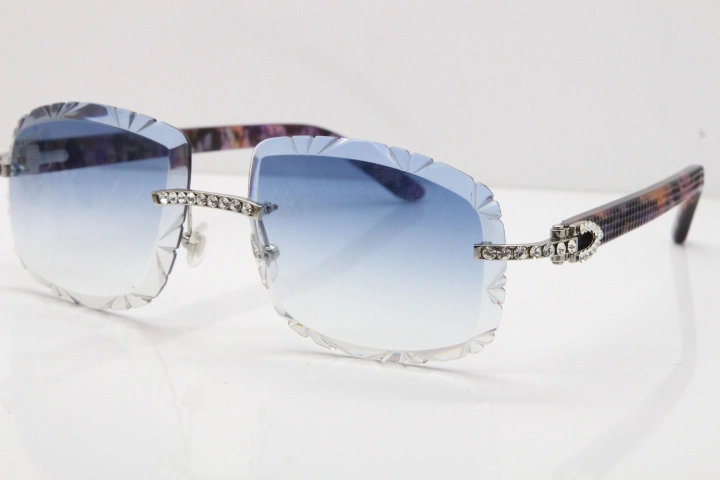 Cartier Rimless 8200762 Big Diamond Marble Purple Aztec Arms Sunglasses In Gold Blue Lens