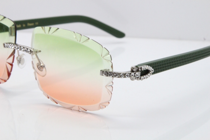 Cartier Rimless 8200762 Big Diamond Green Aztec Arms Sunglasses In Gold Green Brown Lens