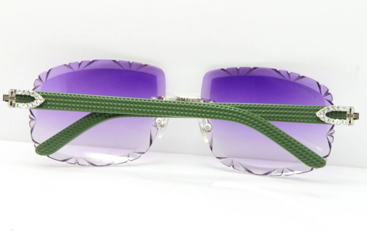 Cartier Rimless 8200762 Big Diamond Green Aztec Arms Sunglasses In Gold Purple Lens