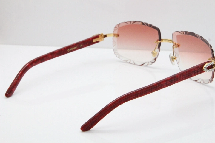 Cartier Rimless 8200762 Big Diamond Marble Red Aztec Arms Sunglasses In Gold Pink Lens