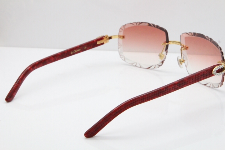 Cartier Rimless 8200762 Big Diamond Marble Red Aztec Arms Sunglasses In Gold Pink Lens