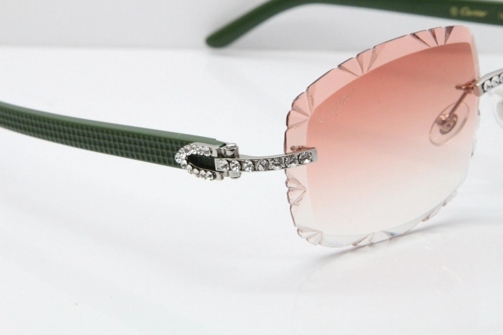 Cartier Rimless 8200762 Big Diamond Green Aztec Arms Sunglasses In Gold Pink Lens