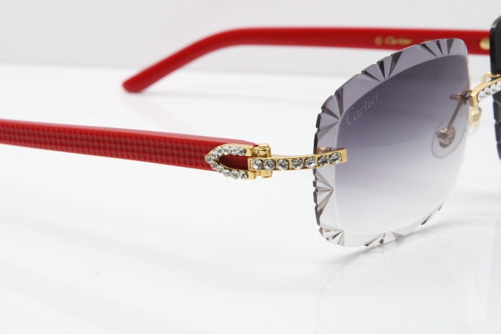 Cartier Rimless 8200762 Big Diamond Red Aztec Arms Sunglasses In Gold Gray Lens