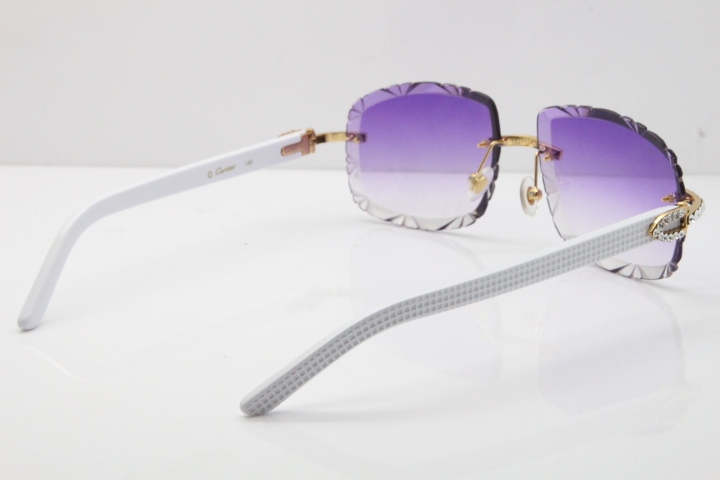 Cartier Rimless 8200762 Big Diamond White Aztec Arms Sunglasses In Gold Purple Lens 