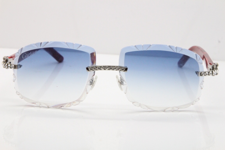 Cartier Rimless 8200762 Big Diamond Marble Red Aztec Arms Sunglasses In Gold Blue LensLens