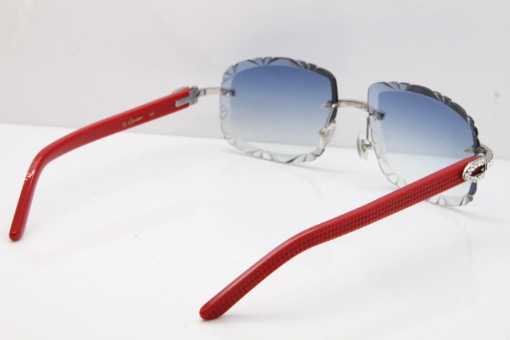 Cartier Rimless 8200762 Big Diamond Red Aztec Arms Sunglasses In Gold Blue Lens