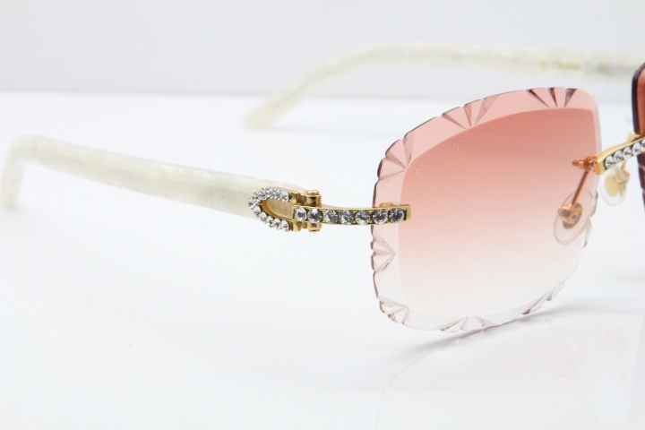 Cartier Rimless 8200762 Big Diamond Marble White Aztec Arms Sunglasses In Gold Pink Lens
