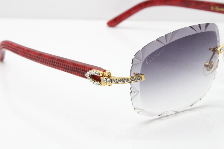 Cartier Rimless 8200762 Big Diamond Marble Red Aztec Arms Sunglasses In Gold Gray Lens