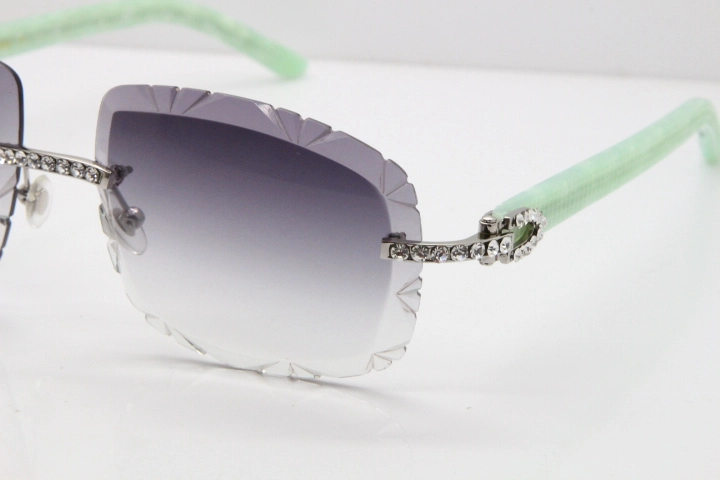 Cartier Rimless 8200762 Big Diamond Marble Green Aztec Arms Sunglasses In Gold Gray Lens 