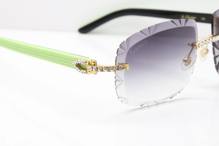Cartier Rimless 8200762 Big Diamond Black Green Aztec Arms Sunglasses In Gold Gray Lens