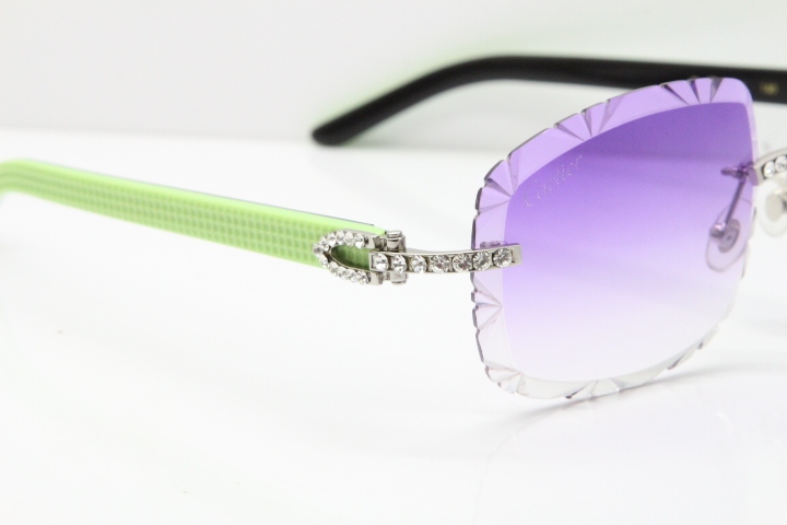 Cartier Rimless 8200762 Big Diamond  Black Green Aztec Arms Sunglasses In Gold Purpel Lens 