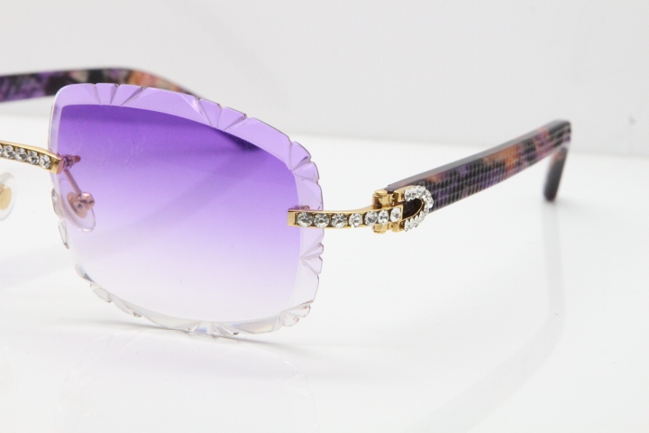 Cartier Rimless 8200762 Big Diamond Marble Purple Aztec Arms Sunglasses In Gold Purple Lens